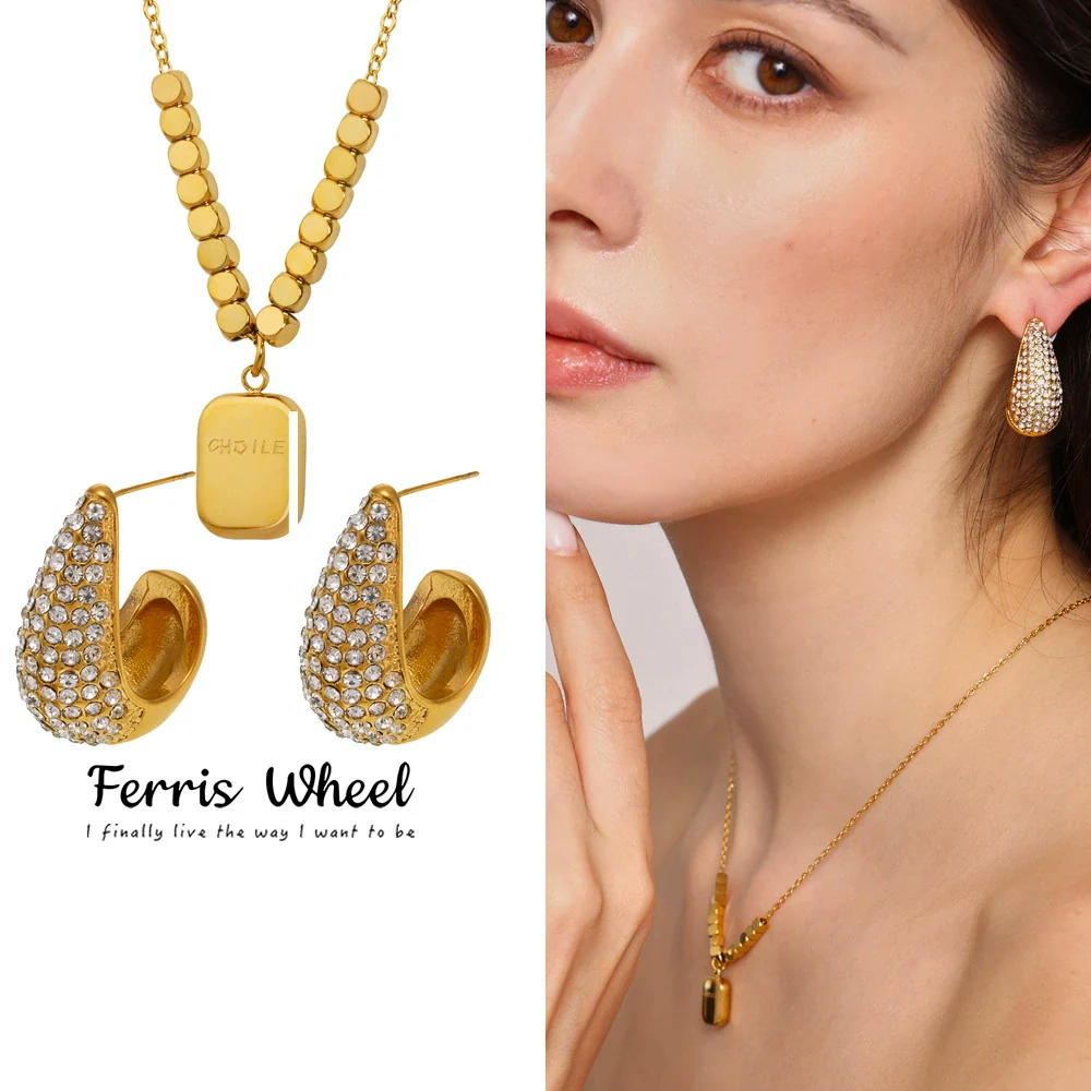 Wholesale Women's Stainless Steel Electroplated Ferris Wheel Water Drop Diamond Earrings And Small Square Carving English Square Pendant Necklaces