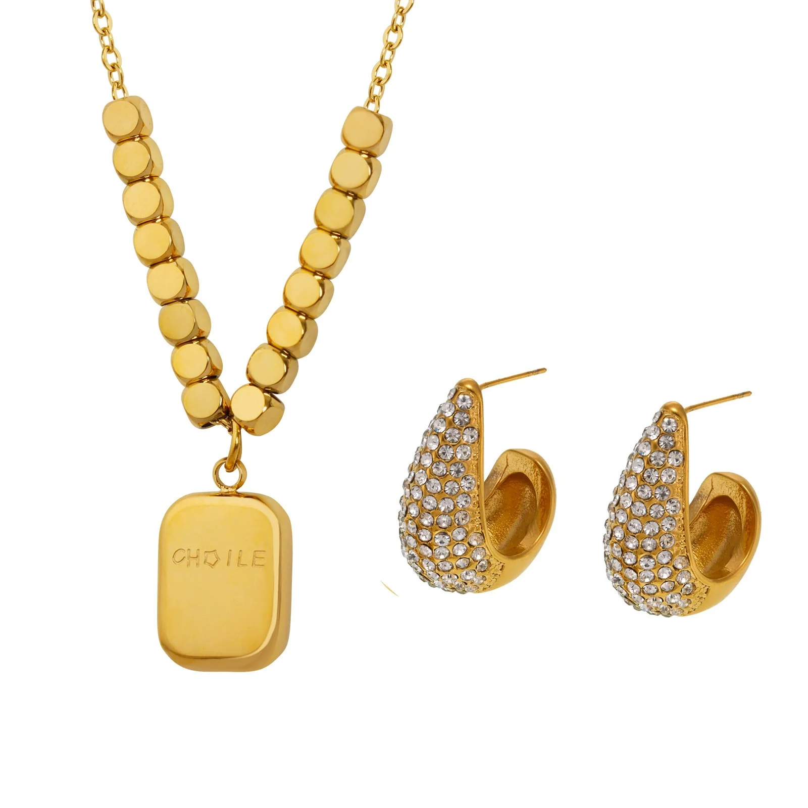 Wholesale Women's Stainless Steel Electroplated Ferris Wheel Water Drop Diamond Earrings And Small Square Carving English Square Pendant Necklaces - Image 5