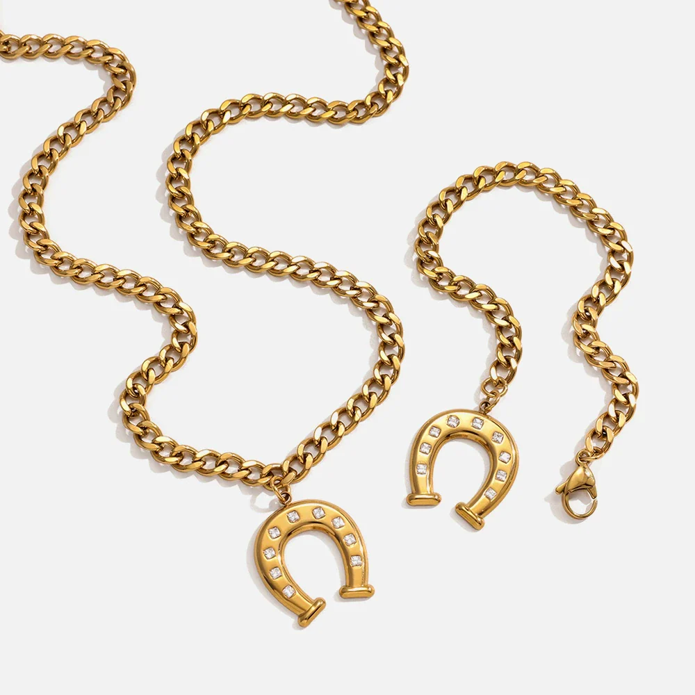 Wholesale Women's Stainless Steel Electroplated Geometric Ushaped Horseshoe Diamond Bracelet And Necklace Jewelry Accessories