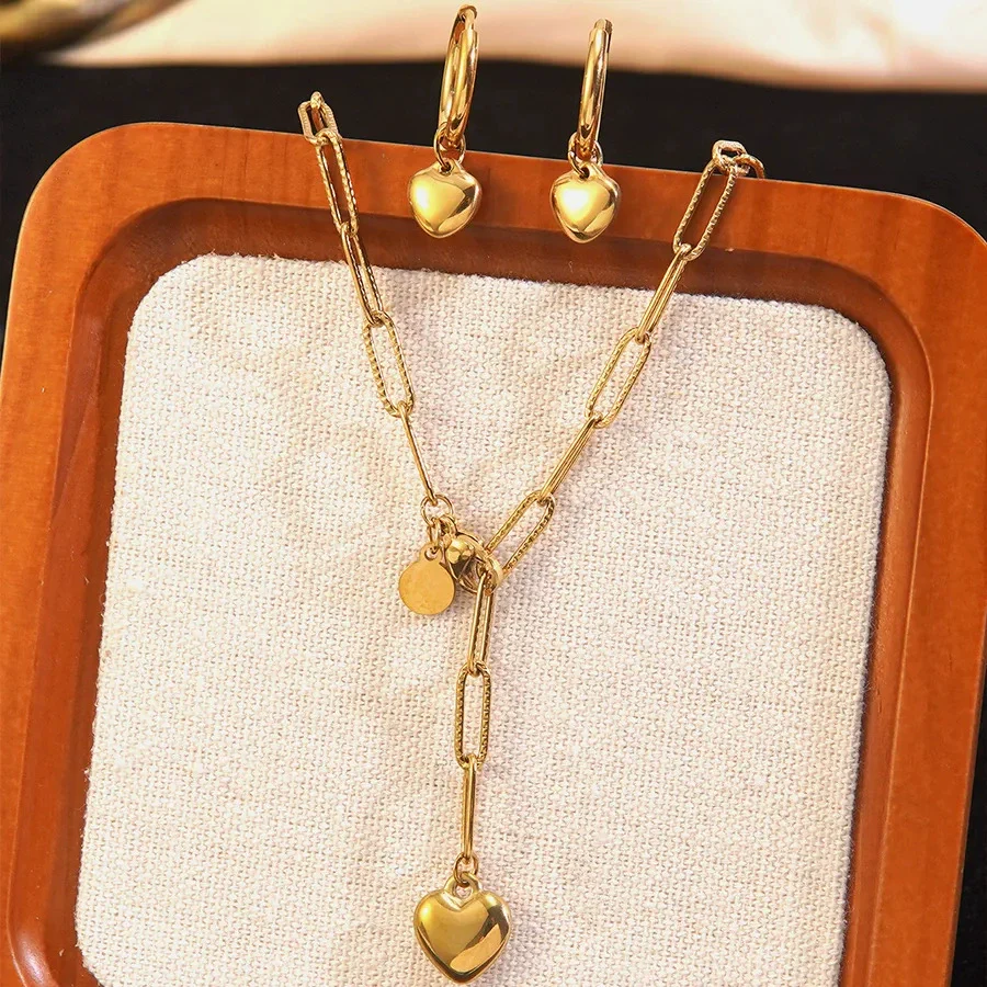 Wholesale Women's Stainless Steel Electroplated Heart Water Drop Bell Jewelry Set Necklace Earrings