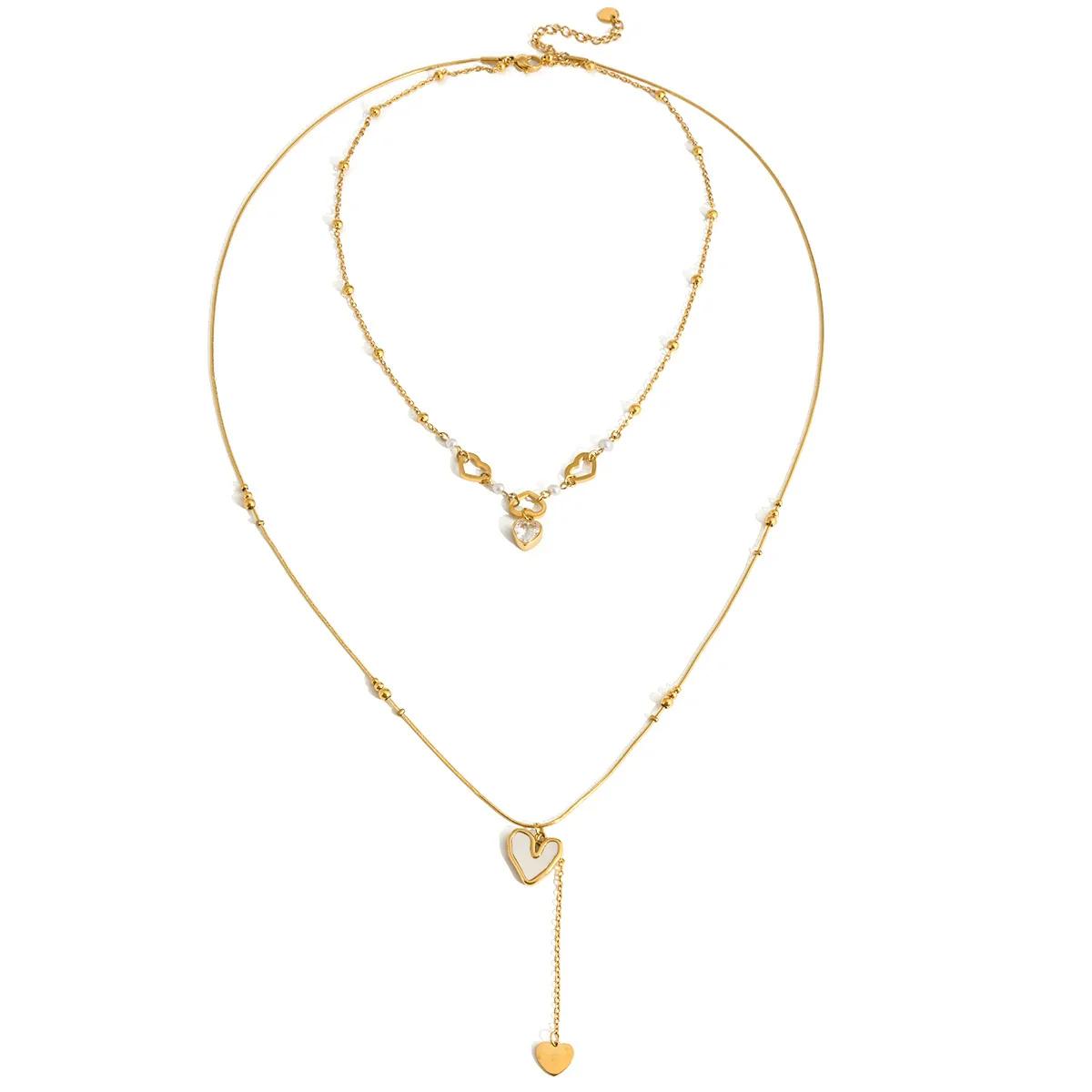 Wholesale Women's Stainless Steel Electroplated Stacked Doublelayer Heart Zircon Motherofpearl Necklace - Image 5