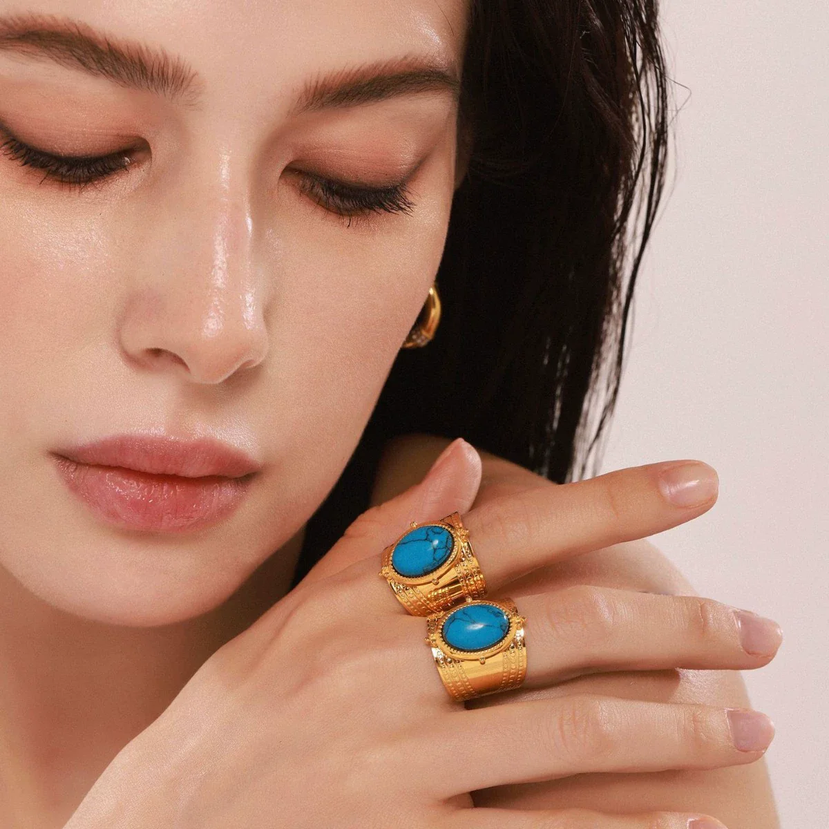 Wholesale Women's Stainless Steel Geometric Blue Turquoise Ring Electroplated 18K Real Gold Light Luxury Style - Image 3