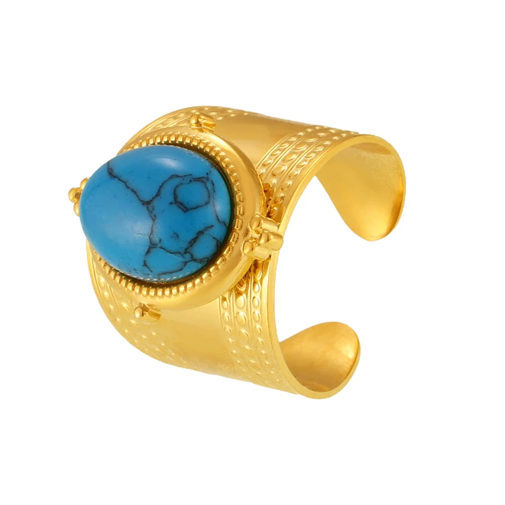 Wholesale Women's Stainless Steel Geometric Blue Turquoise Ring Electroplated 18K Real Gold Light Luxury Style - Image 4