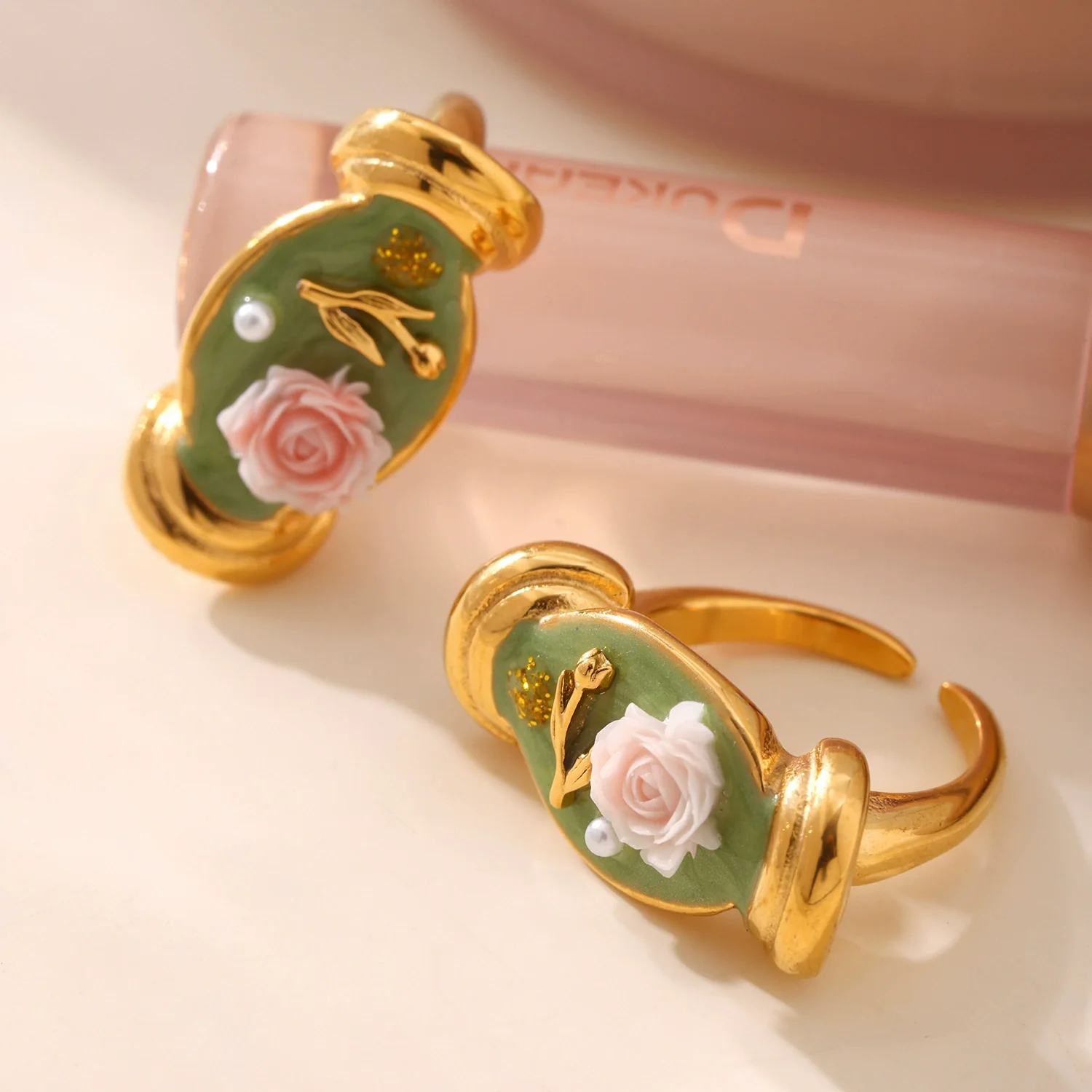 Wholesale Women's Stainless Steel Geometric Fashion Electroplated Enamel Glaze Flower Oil Painting Ferris Wheel Baroque Pearl Ring - Image 2