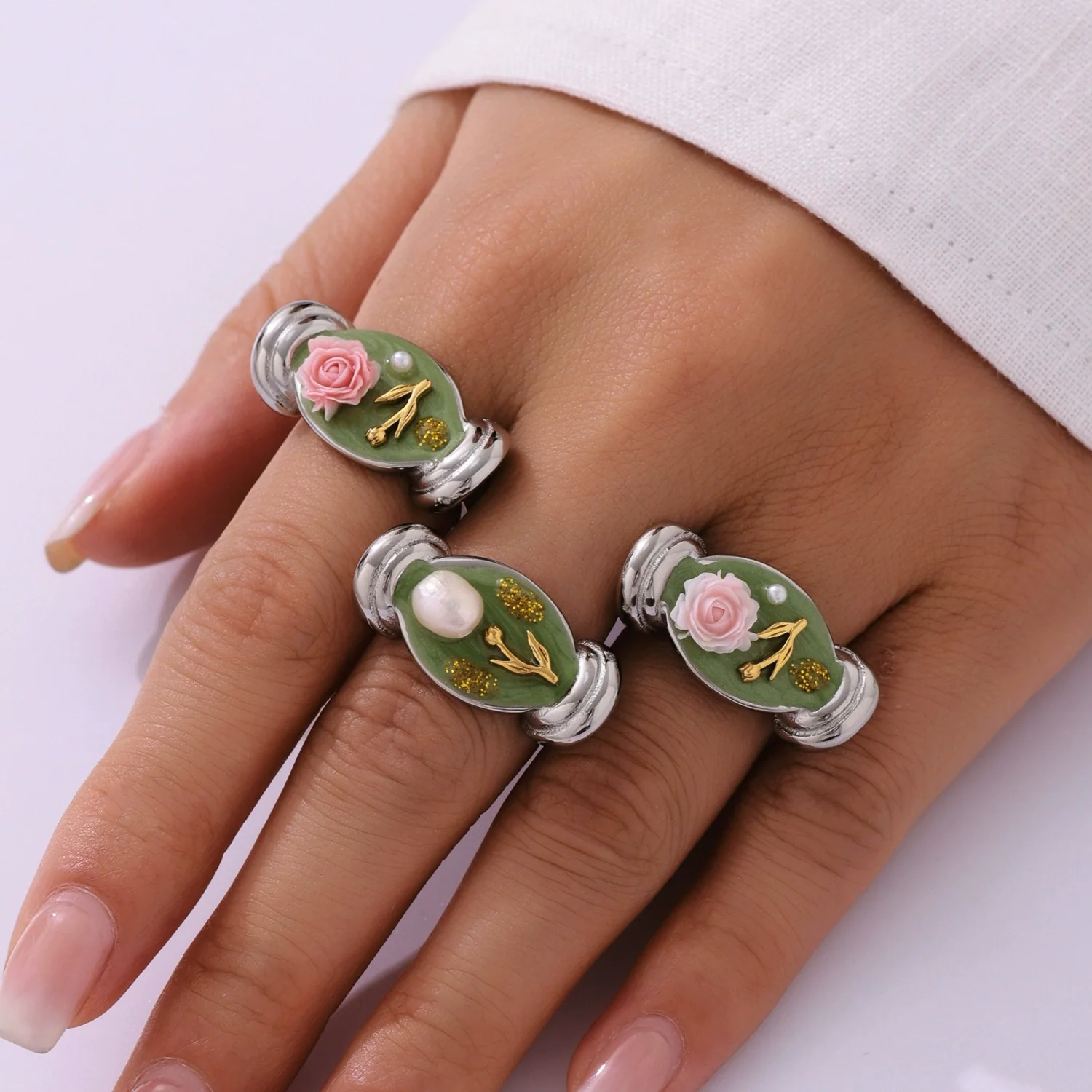 Wholesale Women's Stainless Steel Geometric Fashion Electroplated Enamel Glaze Flower Oil Painting Ferris Wheel Baroque Pearl Ring - Image 4
