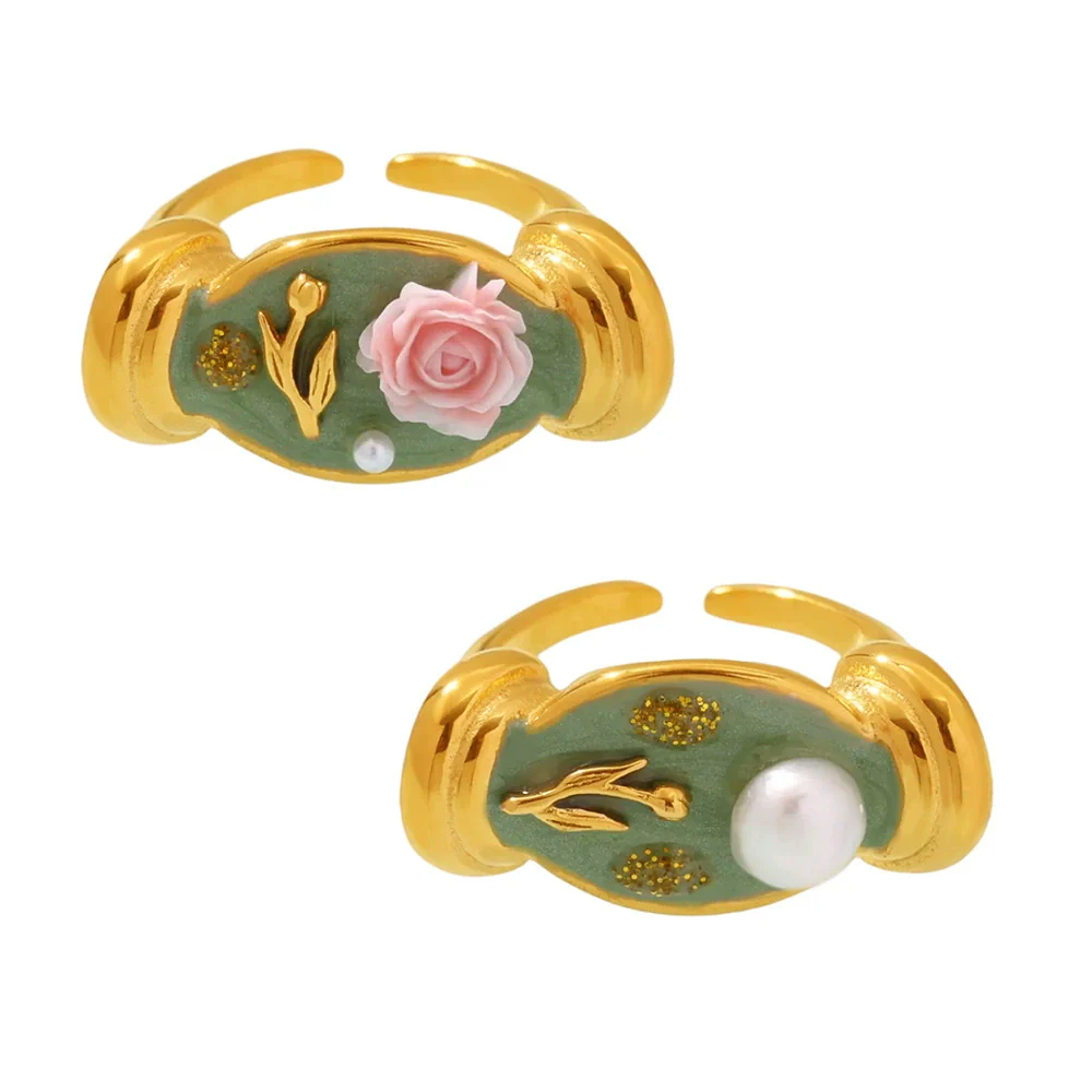 Wholesale Women's Stainless Steel Geometric Fashion Electroplated Enamel Glaze Flower Oil Painting Ferris Wheel Baroque Pearl Ring - Image 5