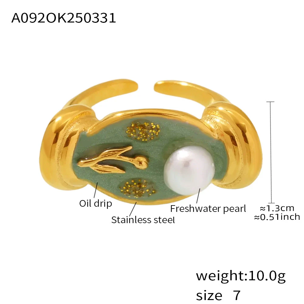 Wholesale Women's Stainless Steel Geometric Fashion Electroplated Enamel Glaze Flower Oil Painting Ferris Wheel Baroque Pearl Ring - Image 6