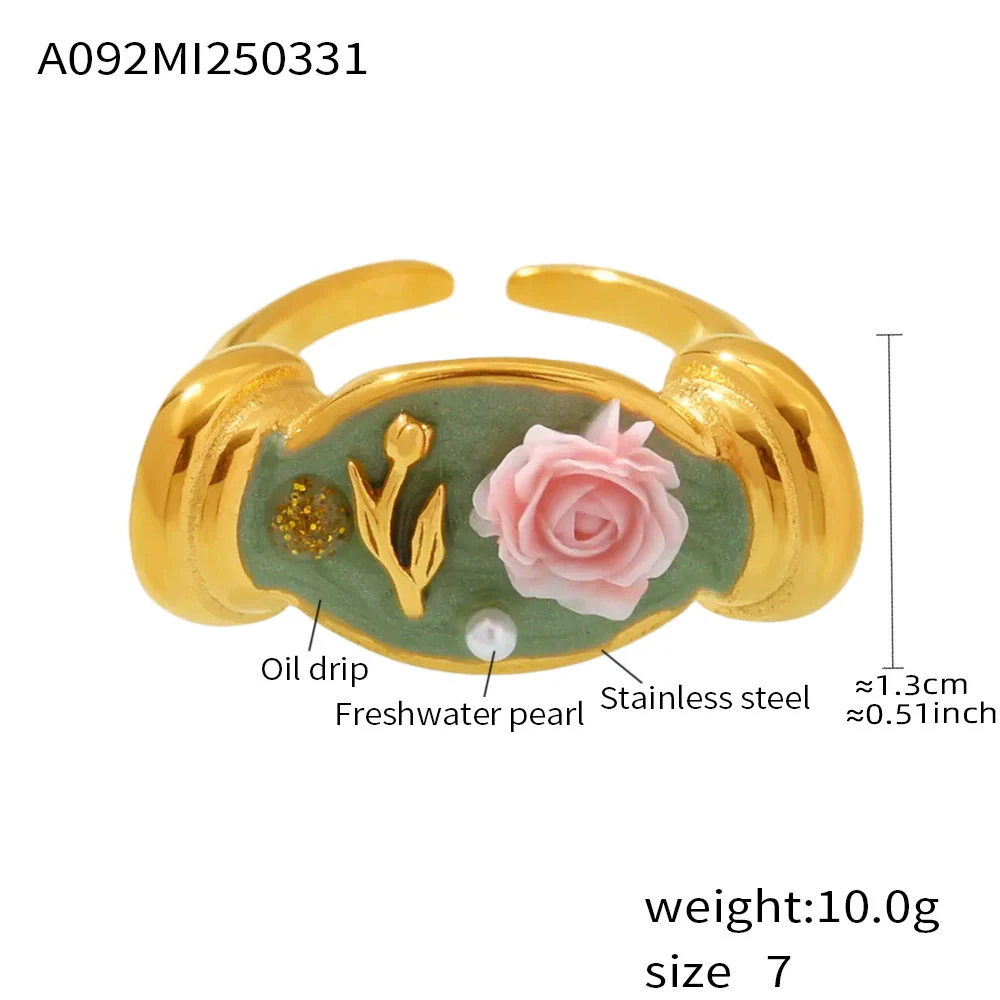 Wholesale Women's Stainless Steel Geometric Fashion Electroplated Enamel Glaze Flower Oil Painting Ferris Wheel Baroque Pearl Ring - Image 8