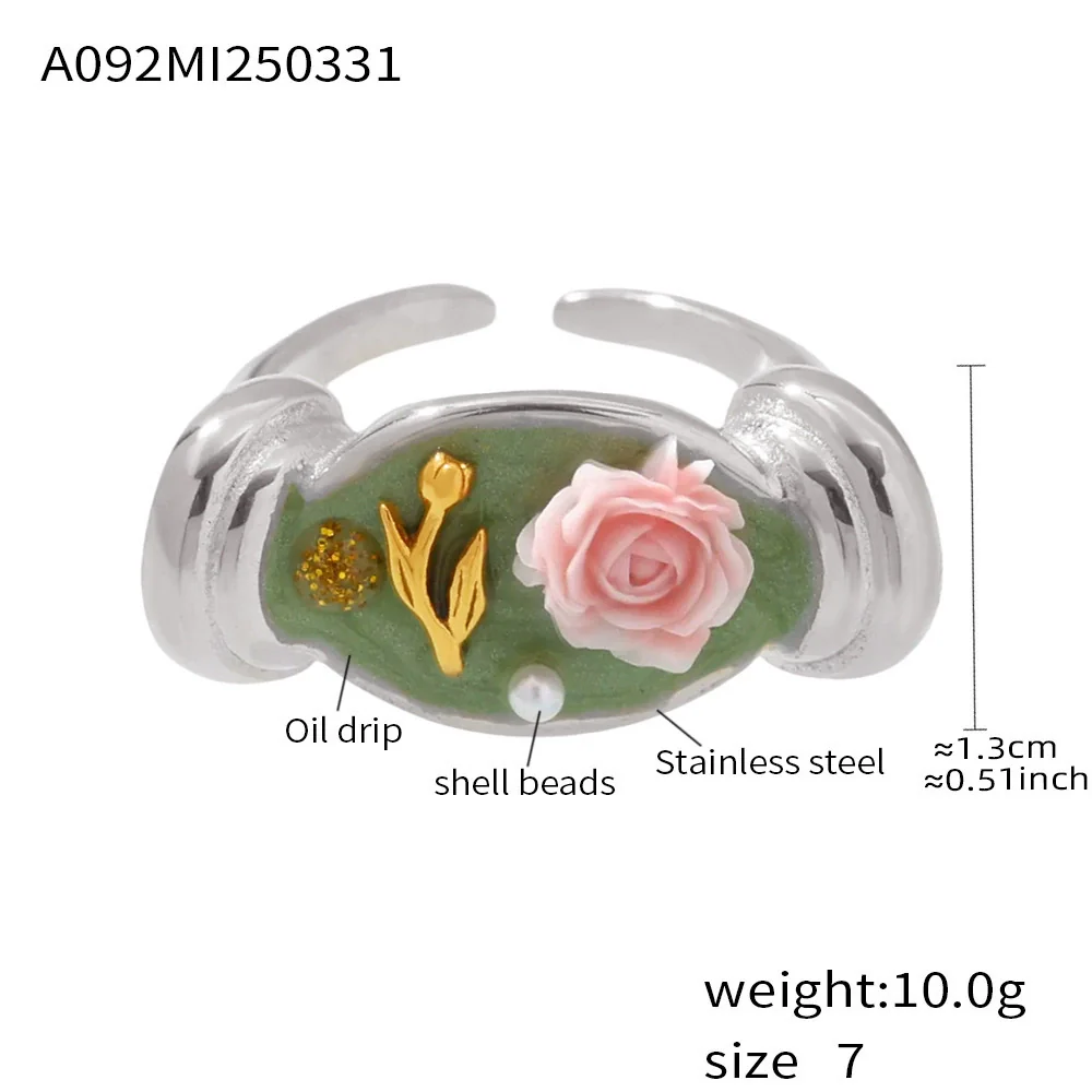 Wholesale Women's Stainless Steel Geometric Fashion Electroplated Enamel Glaze Flower Oil Painting Ferris Wheel Baroque Pearl Ring - Image 9
