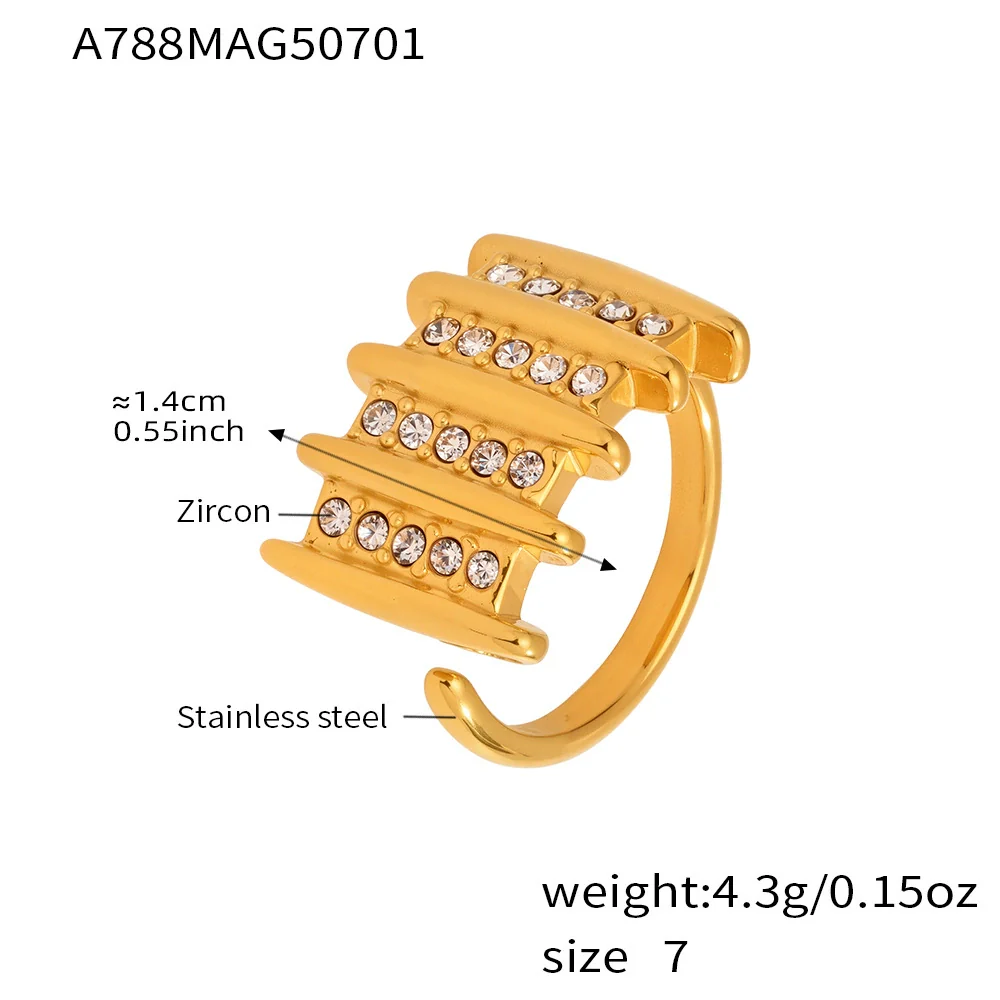 Wholesale Women's Stainless Steel Geometric Ferris Wheel Inlaid With White Zircon Electroplated Asymmetrical Open Ring Retro Hand Jewelry - Image 6