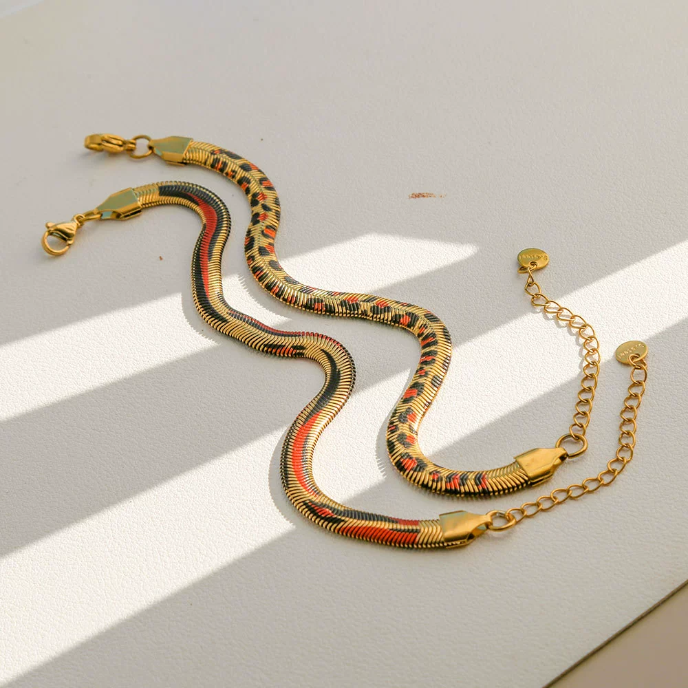 Wholesale Women's Stainless Steel Geometric Leopard Print Electroplated Snake Bone Chain Bracelet Jewelry Set - Image 5