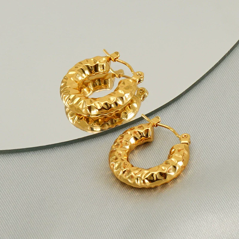 Wholesale Women's 316L Stainless Steel Geometric Personality Design Electroplated Lava Bump Texture Earrings - Image 4