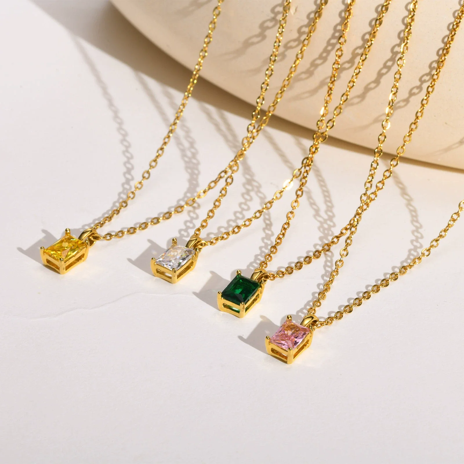 Wholesale Women's Stainless Steel Geometric Rectangular Zircon Pendant Necklace With Gold Electroplating And Ochain