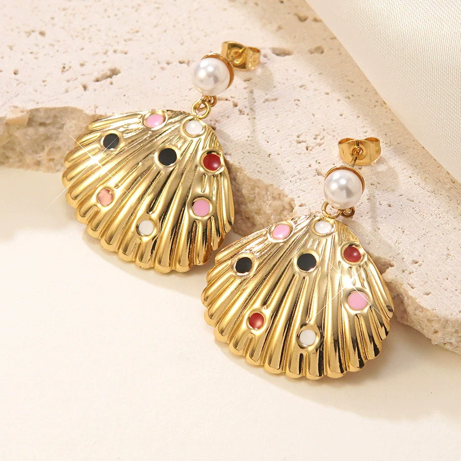 Wholesale Women's Stainless Steel Geometric Stamped Fanshaped Oil Drop Earrings - Image 2