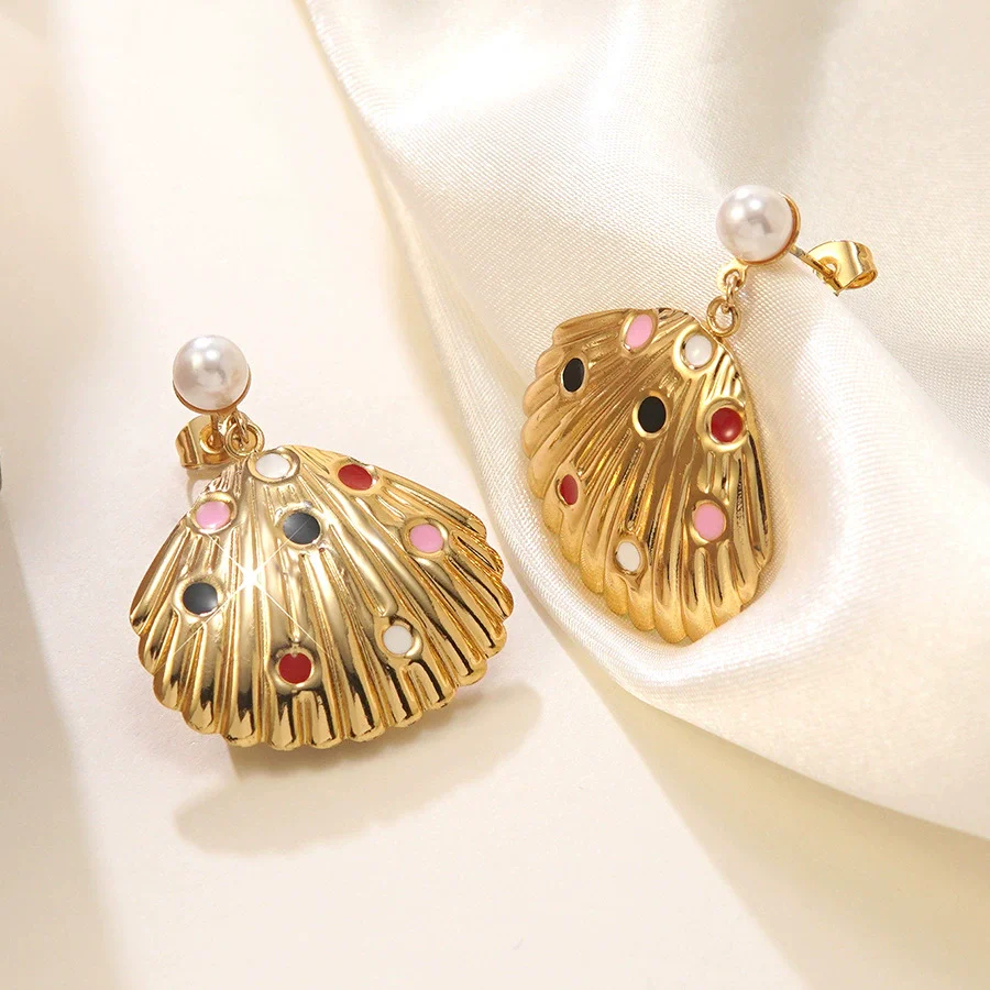 Wholesale Women's Stainless Steel Geometric Stamped Fanshaped Oil Drop Earrings - Image 3