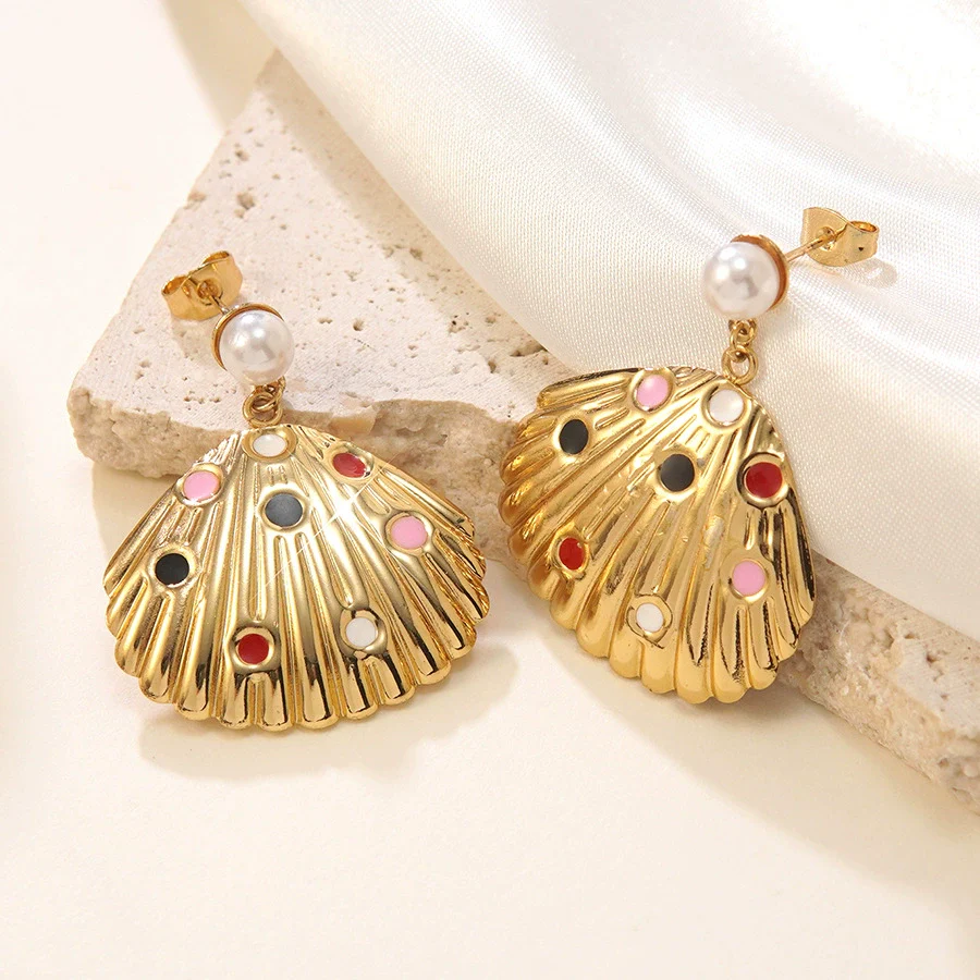 Wholesale Women's Stainless Steel Geometric Stamped Fanshaped Oil Drop Earrings - Image 4