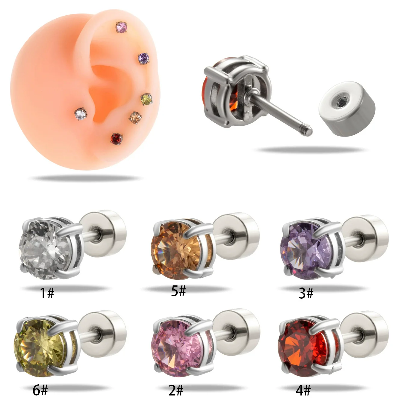 Wholesale Women's Stainless Steel Geometric Zircon Electroplated Round Ear Bone Nail Jewelry - Image 2