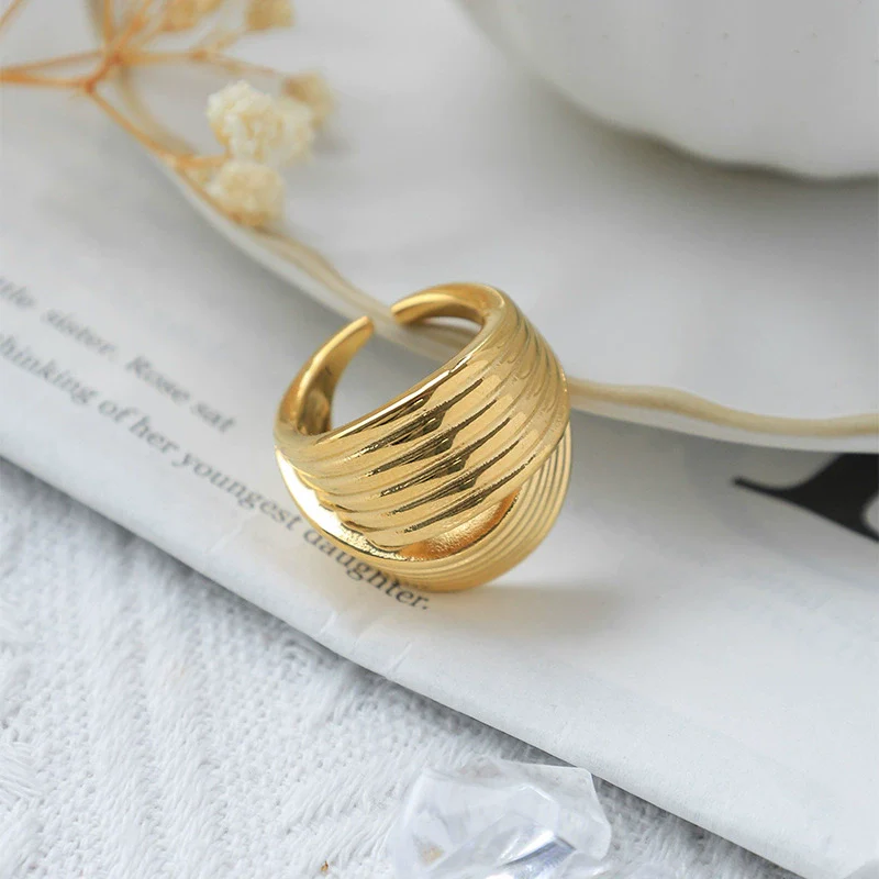 Wholesale Women's Stainless Steel Gold Plated Fashion Geometric Wave Pattern Hollow Striped Rotating Ring - Image 4