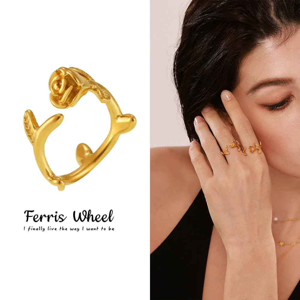 Wholesale Women's Stainless Steel Gold Plated Geometric Ferris Wheel 3D Rose Flower Open Ring Light Luxury Style