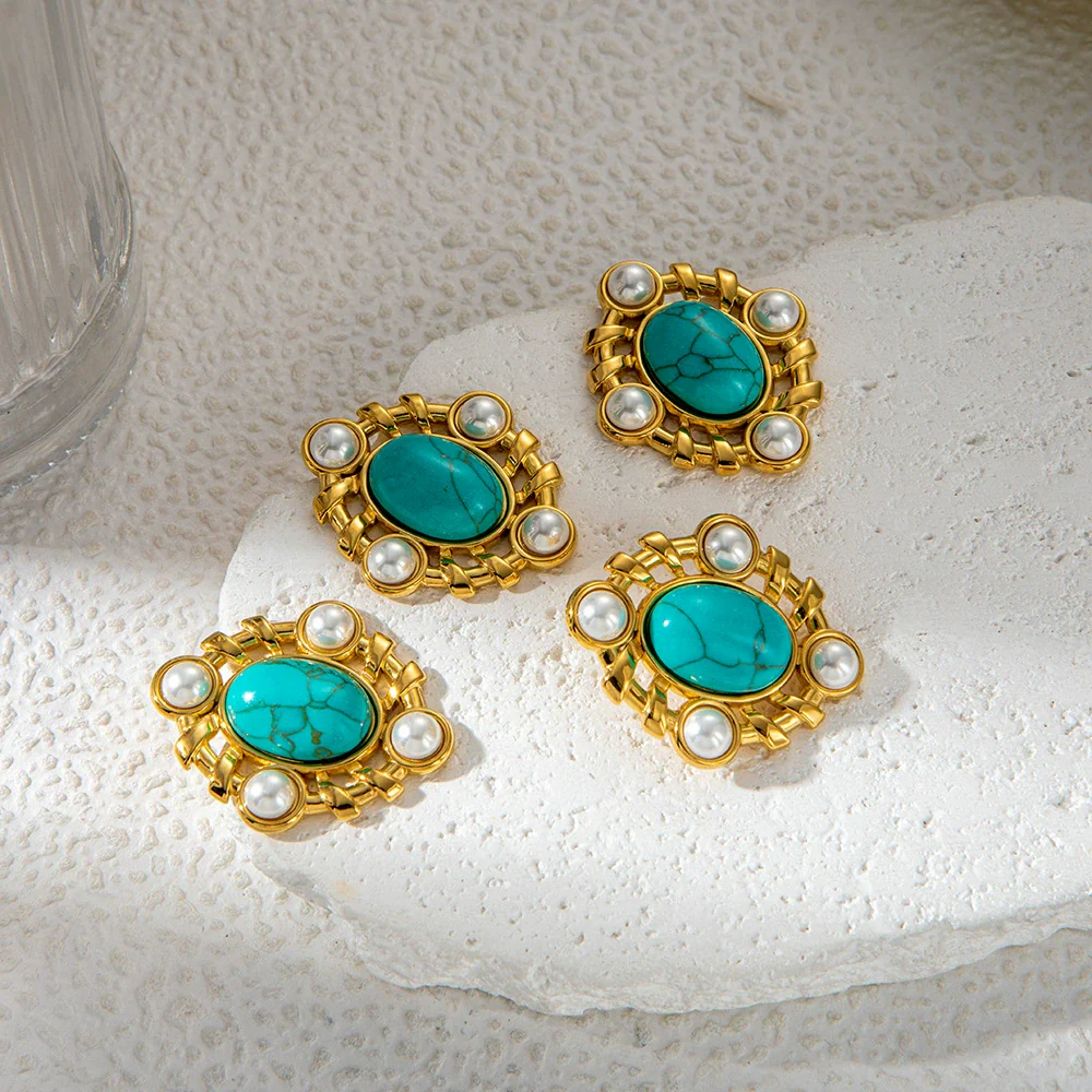 Wholesale Women's Stainless Steel Goldplated Geometric Personality Inlay Earrings - Image 4