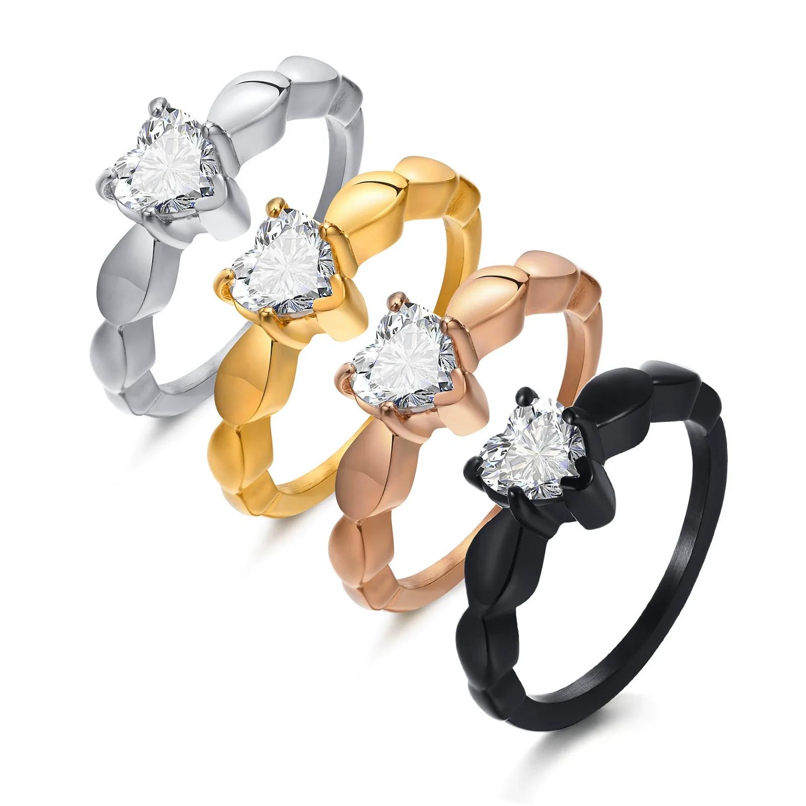 Wholesale Women's Stainless Steel Heartshaped Zircon Casting Ring Simple Style - Image 4