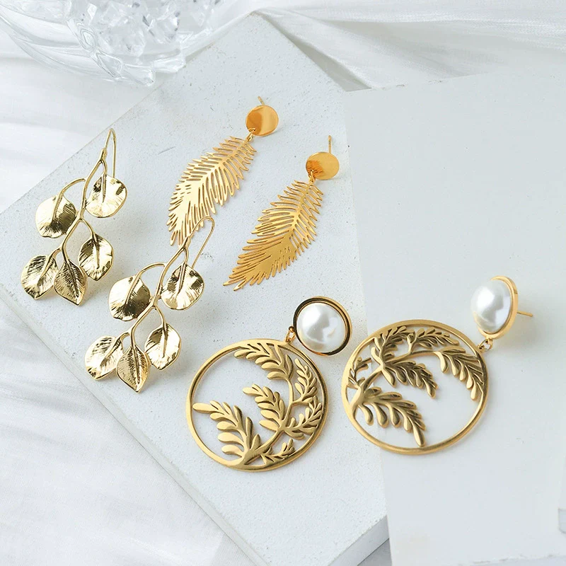 Wholesale Women's Stainless Steel Hollow Leaves Geometric Style Electroplated Earrings Jewelry