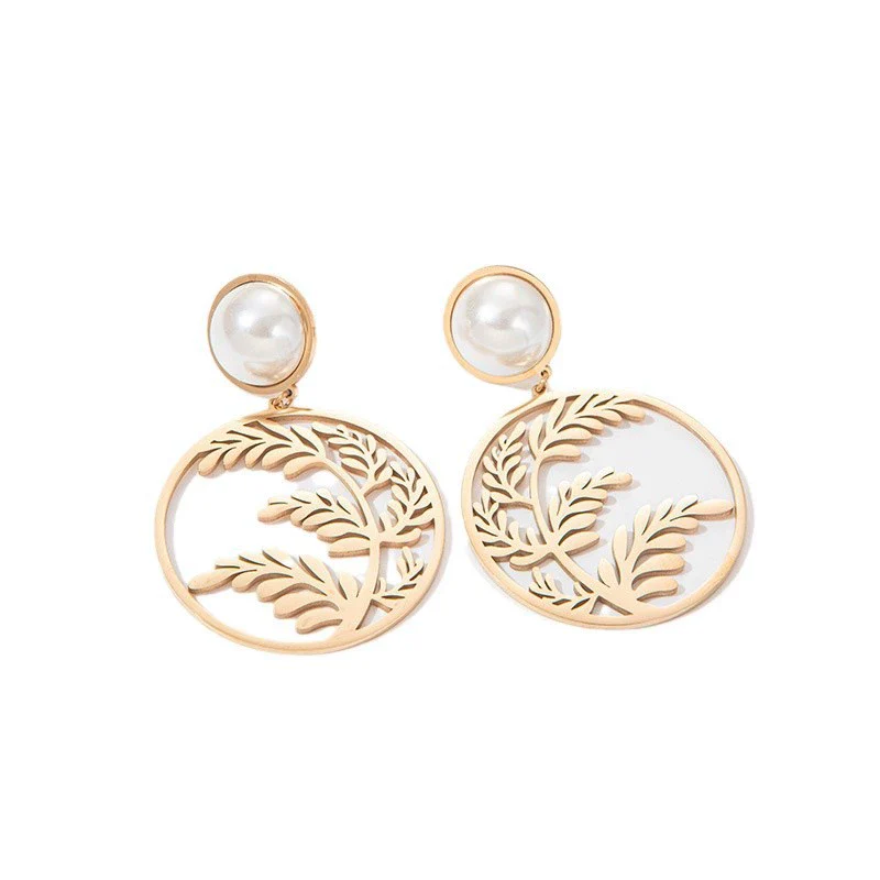 Wholesale Women's Stainless Steel Hollow Leaves Geometric Style Electroplated Earrings Jewelry - Image 4