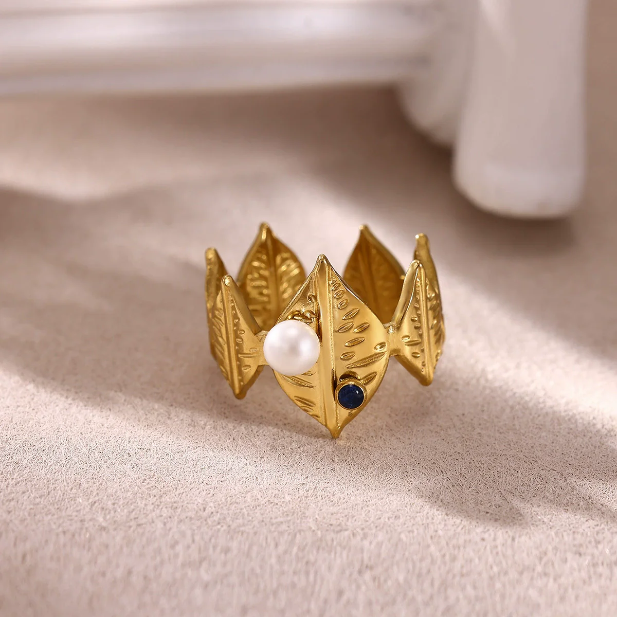 Wholesale Women's Stainless Steel Imitation Pearl Multilayer Zircon 18K Gold Plated Heart Shape Geometric Inlaid With Gold Open Ring - Image 3