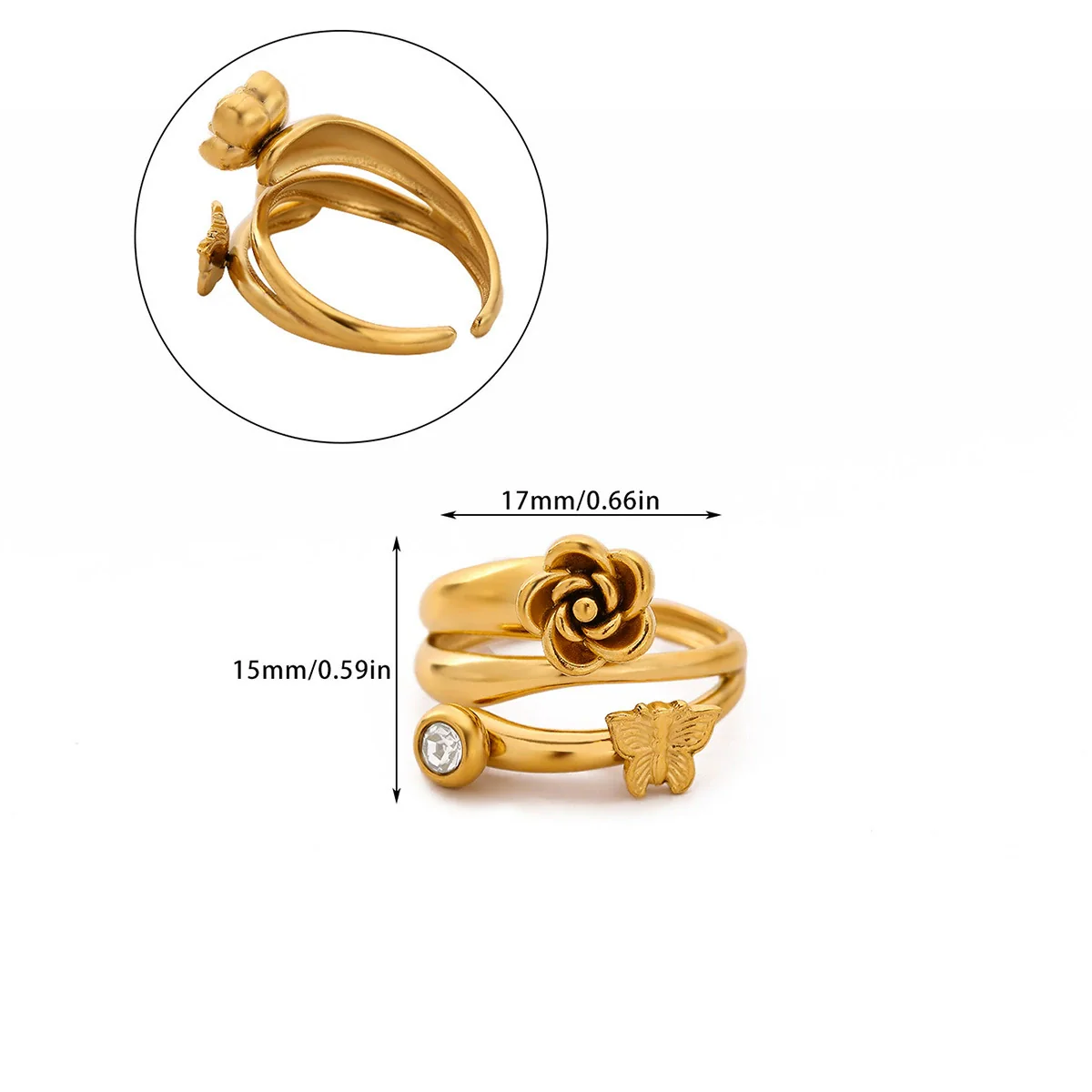 Wholesale Women's Stainless Steel Imitation Pearl Multilayer Zircon 18K Gold Plated Heart Shape Geometric Inlaid With Gold Open Ring - Image 9