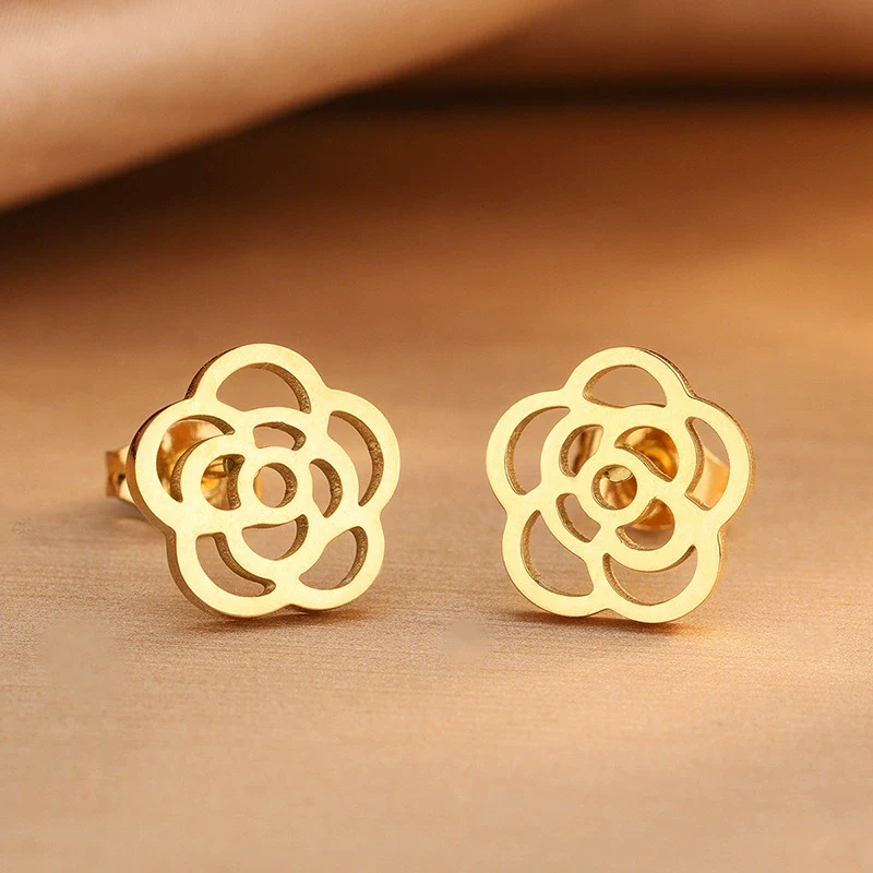 Wholesale Women's Stainless Steel Jewelry Set With Camellia And Plants And Flowers Pattern Electroplated Design - Image 2