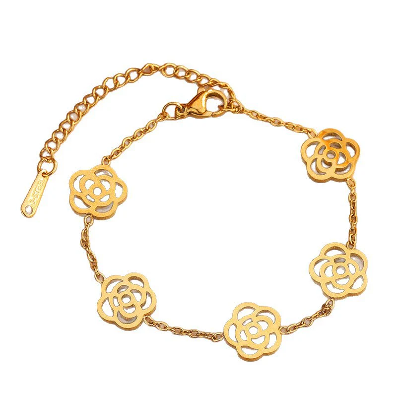 Wholesale Women's Stainless Steel Jewelry Set With Camellia And Plants And Flowers Pattern Electroplated Design - Image 5