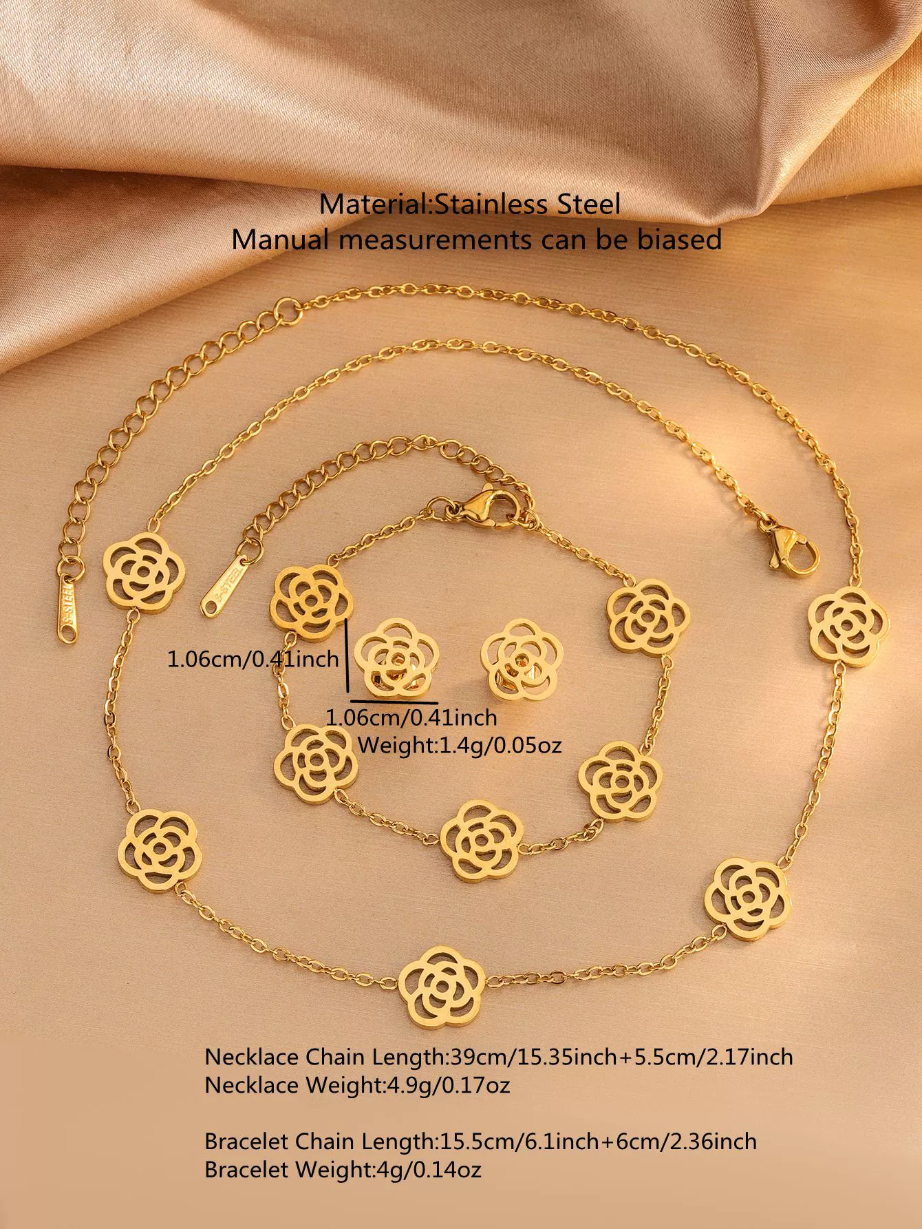 Wholesale Women's Stainless Steel Jewelry Set With Camellia And Plants And Flowers Pattern Electroplated Design - Image 6