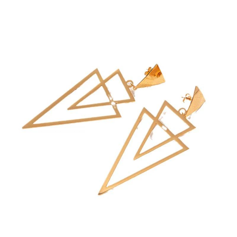 Wholesale Women's Stainless Steel Light Luxury Niche Design Overlapping Hollow Triangle Earrings With Leaves Pattern And Electroplating Treatment - Image 5