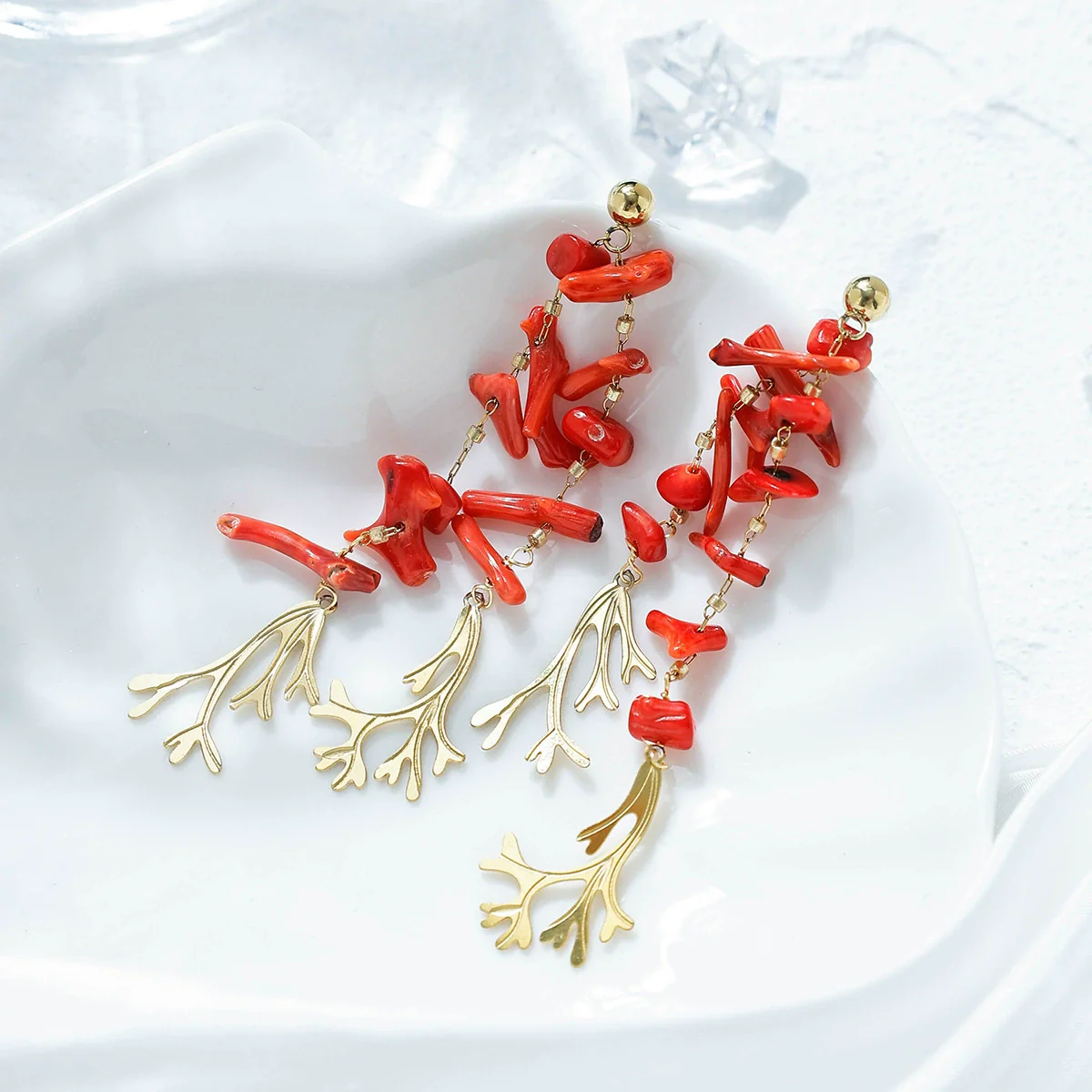 Wholesale Women's Stainless Steel Red Coral Chain Tassel Dangle Stud Earrings With Electroplating And Plants Flowers Style - Image 4