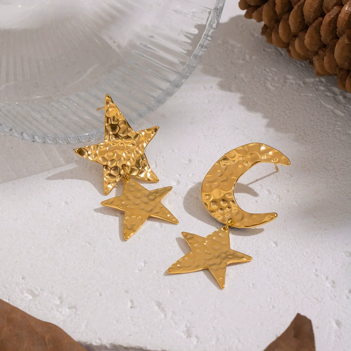 Wholesale Women's Stainless Steel Star Pattern Hammered Pvd Furnace Vacuum Real Gold Plated Stud Earrings Accessories - Image 3