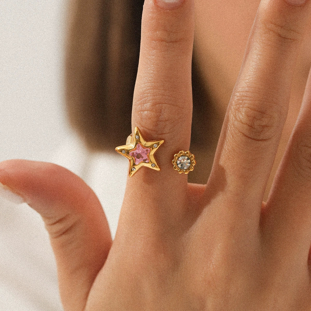 Wholesale Women's Stainless Steel Starshaped Zirconia Inlaid Open Ring Hand Jewelry - Image 3