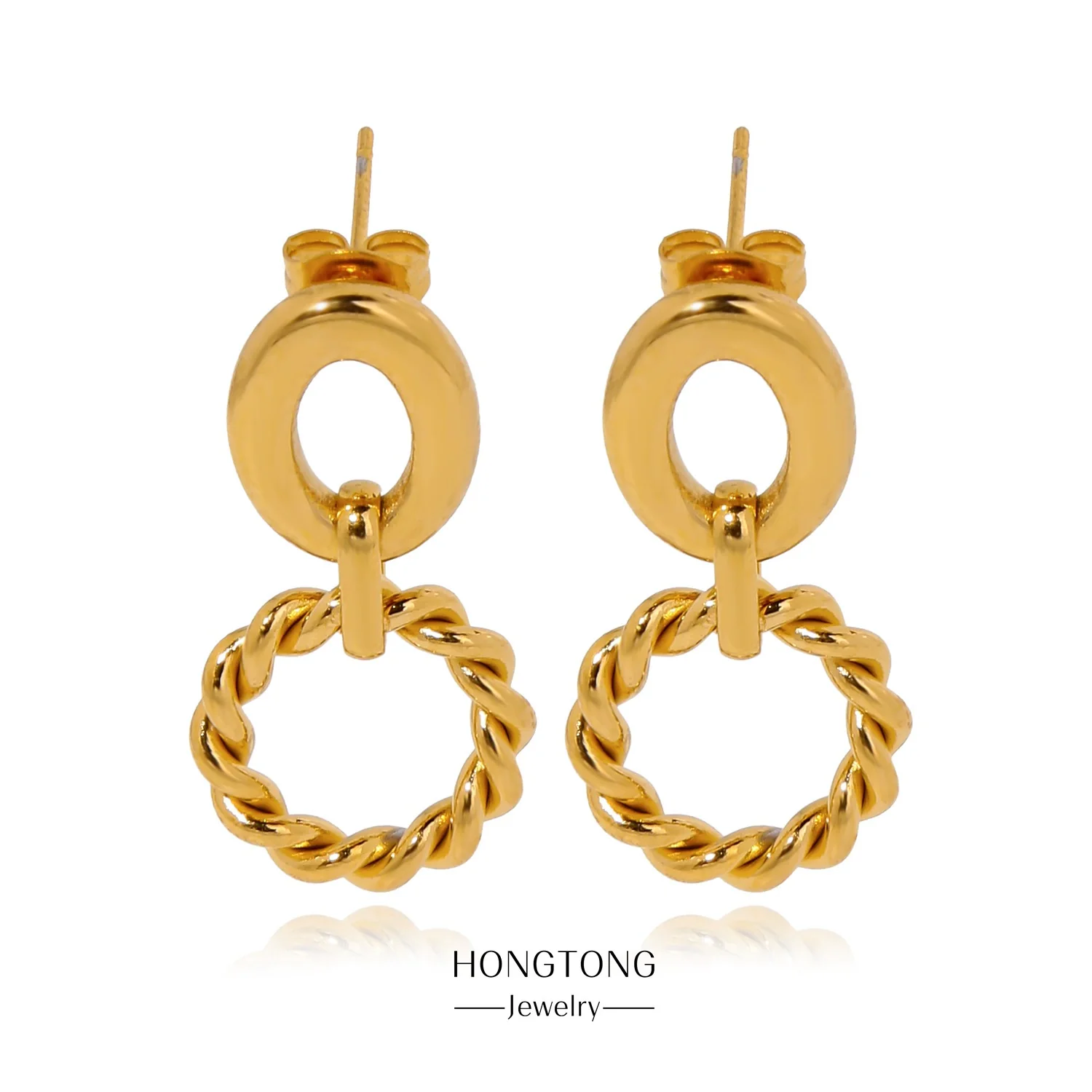 Wholesale Women's Stainless Steel Twisted Hollow Doublering Earrings With Flower And Geometric Patterns And Electroplating Treatment