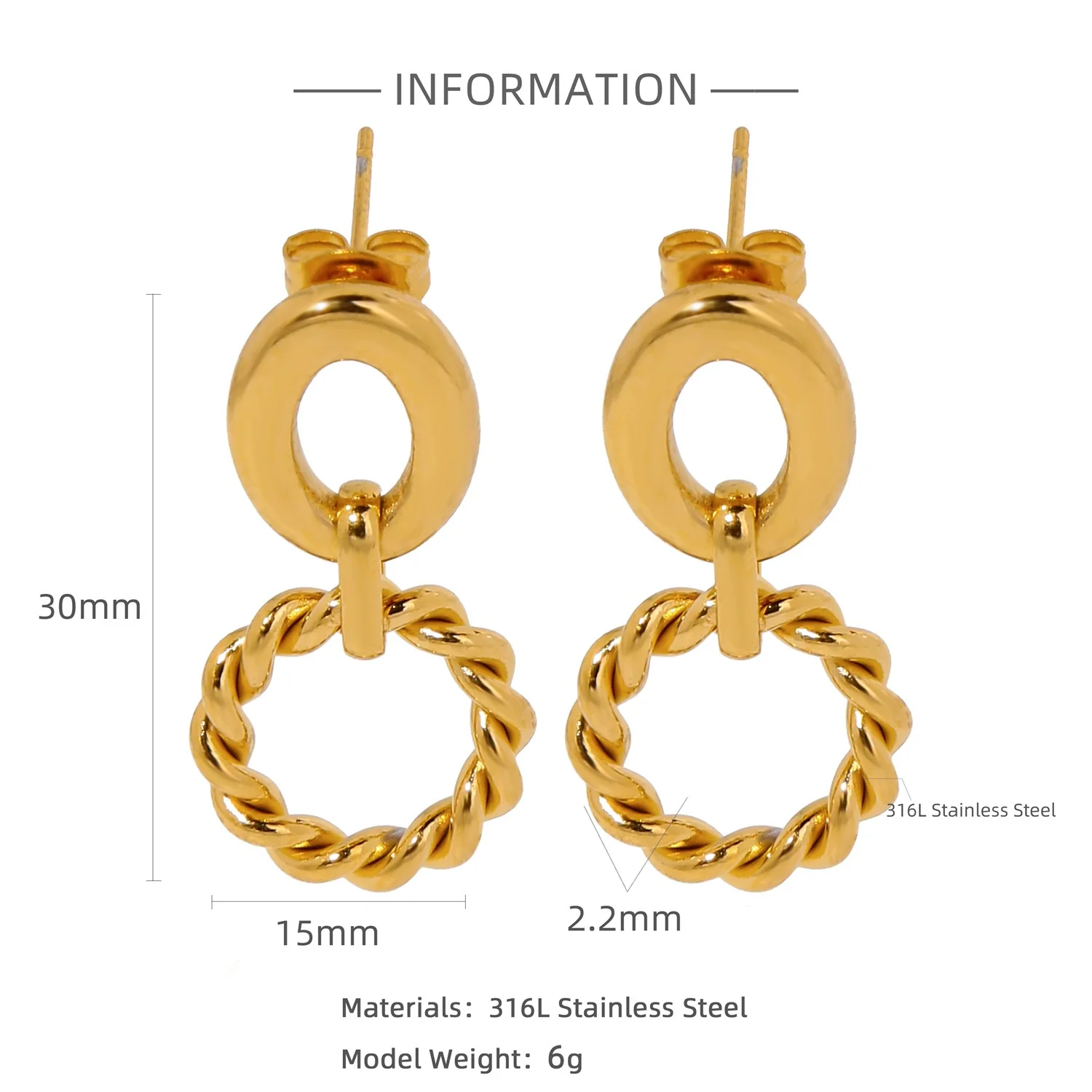 Wholesale Women's Stainless Steel Twisted Hollow Doublering Earrings With Flower And Geometric Patterns And Electroplating Treatment - Image 6