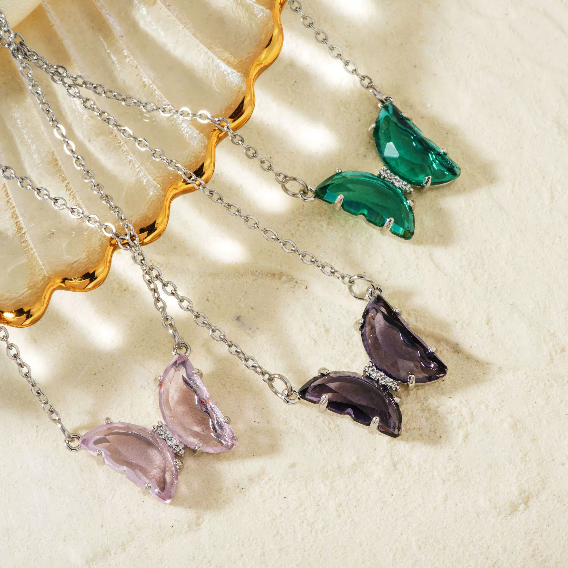 Wholesale Women's Stainless Steel Zircon Butterfly Sweet Style Necklace With Ochain Set With Glass - Image 3