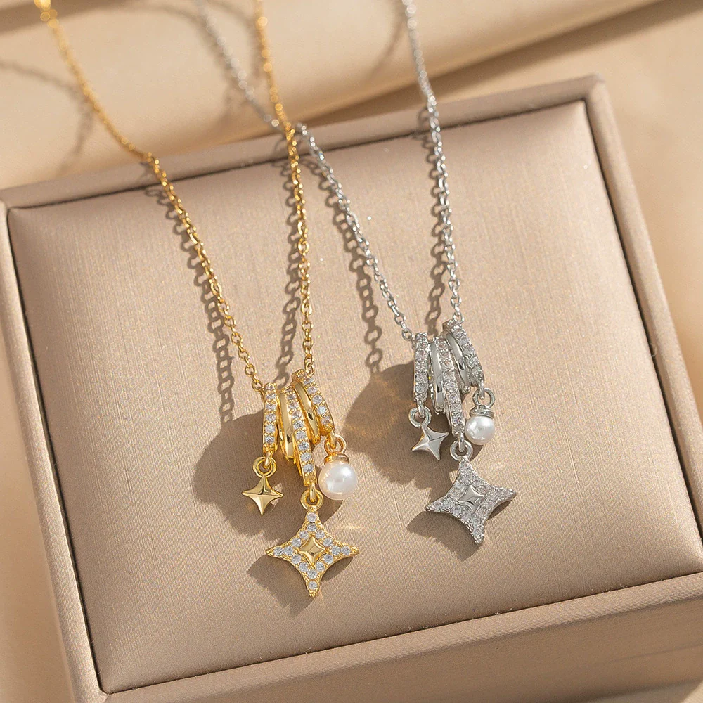 Wholesale Women's Star Pattern Pearl Ring And Full Diamond Necklace With Titanium Steel And Copper Inlaid Zircon O Word Chain Gold Plated