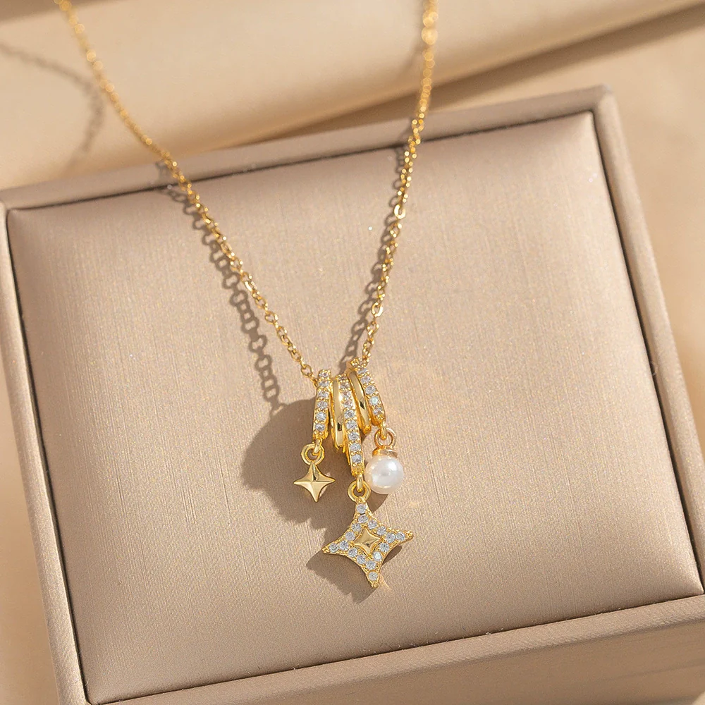Wholesale Women's Star Pattern Pearl Ring And Full Diamond Necklace With Titanium Steel And Copper Inlaid Zircon O Word Chain Gold Plated - Image 2