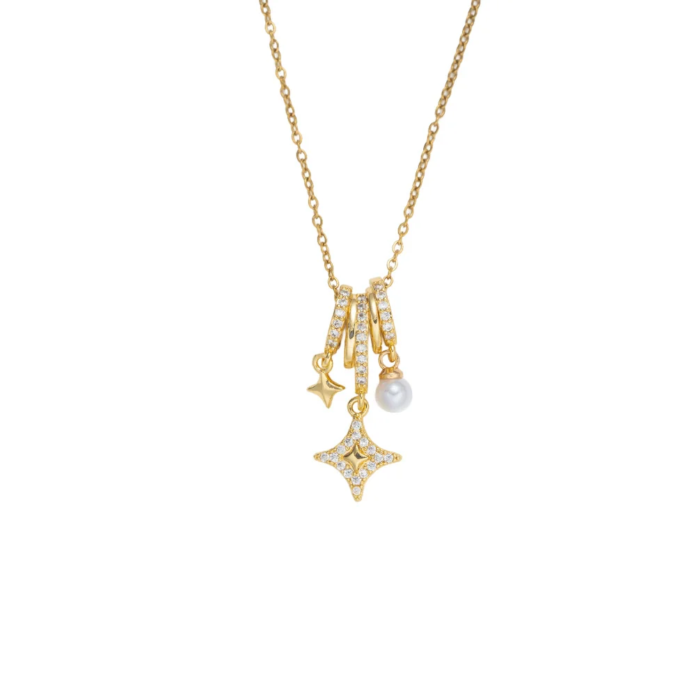 Wholesale Women's Star Pattern Pearl Ring And Full Diamond Necklace With Titanium Steel And Copper Inlaid Zircon O Word Chain Gold Plated - Image 5