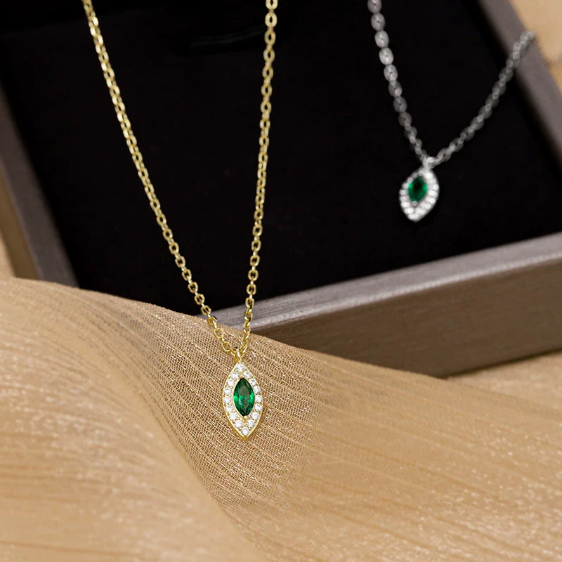 Wholesale Women's Sterling Silver 14K Gold Plated Emerald Rhombus Pendant Ochain Necklace With Eye Of Horus Retro Design
