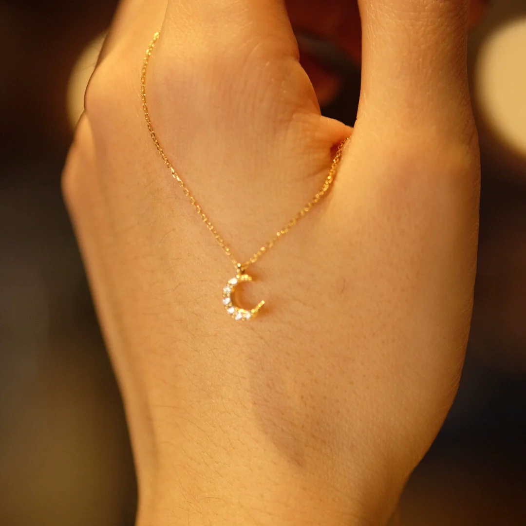Wholesale Women's Sterling Silver Moon Necklace With Micropaved Zircon And Geometric Pattern 14K Gold Plated - Image 3