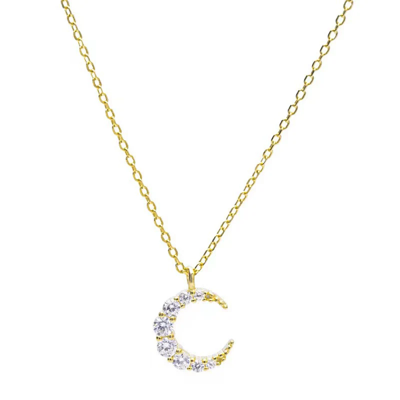 Wholesale Women's Sterling Silver Moon Necklace With Micropaved Zircon And Geometric Pattern 14K Gold Plated - Image 5