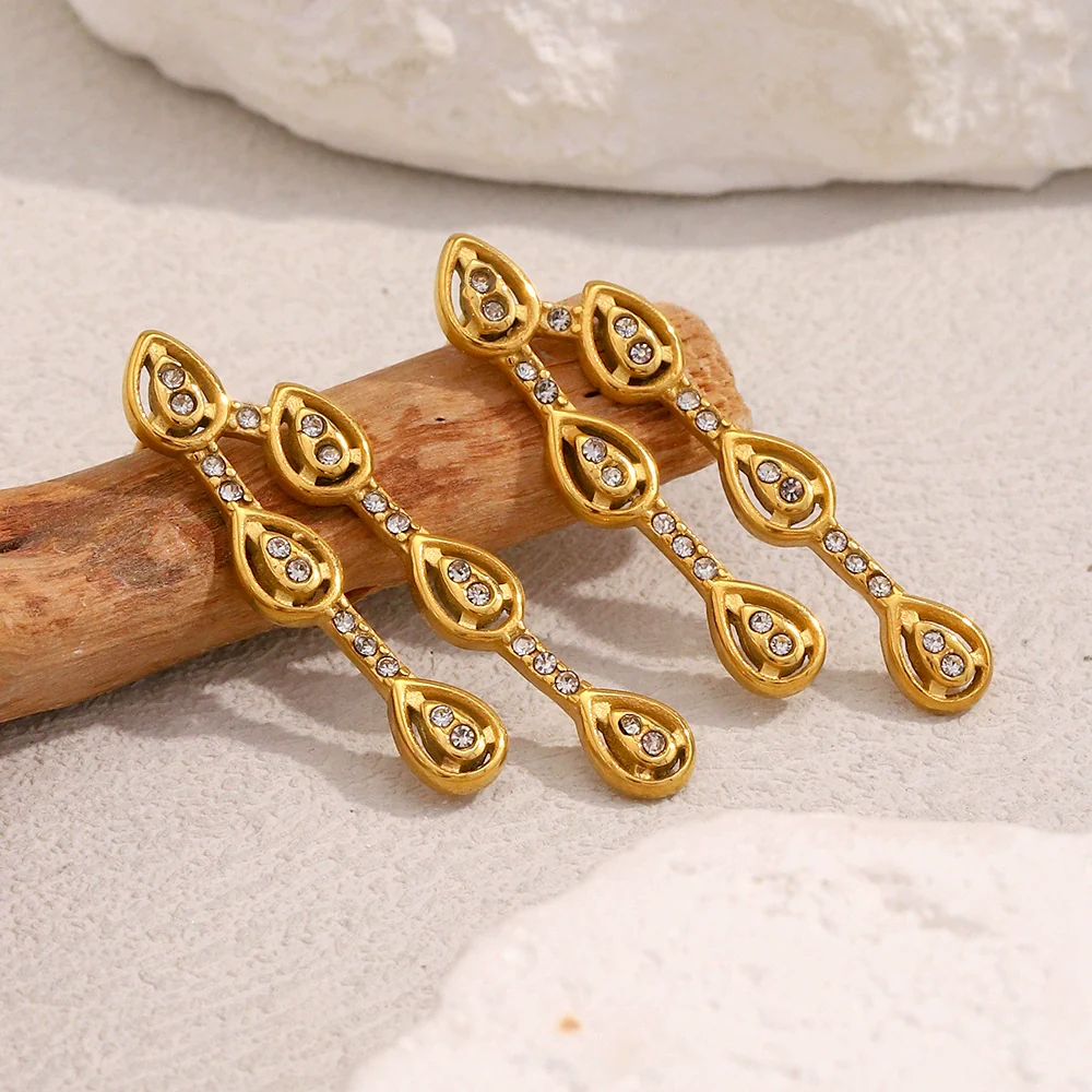 Wholesale Women's Stylish Minimalist Personality Stainless Steel Electroplated 18K Gold Drop Shape Zircon Earrings