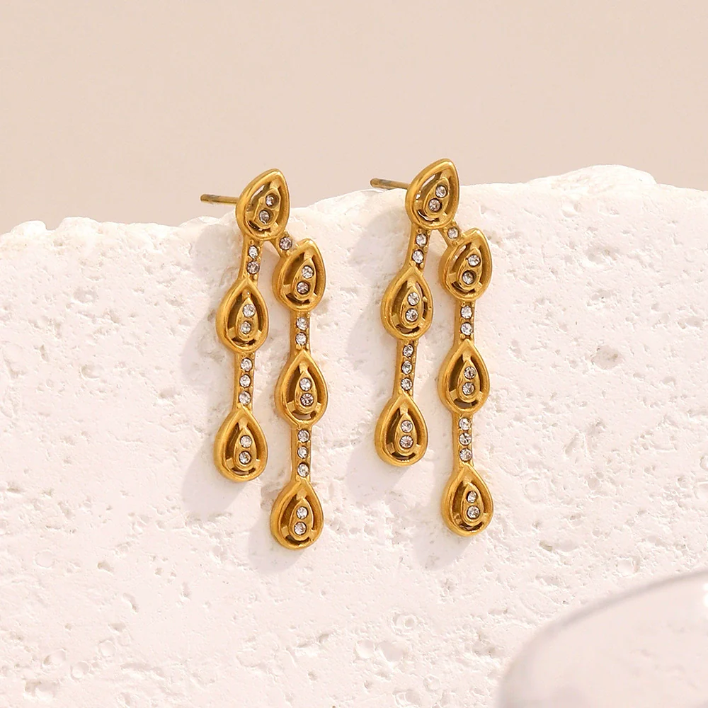 Wholesale Women's Stylish Minimalist Personality Stainless Steel Electroplated 18K Gold Drop Shape Zircon Earrings - Image 3