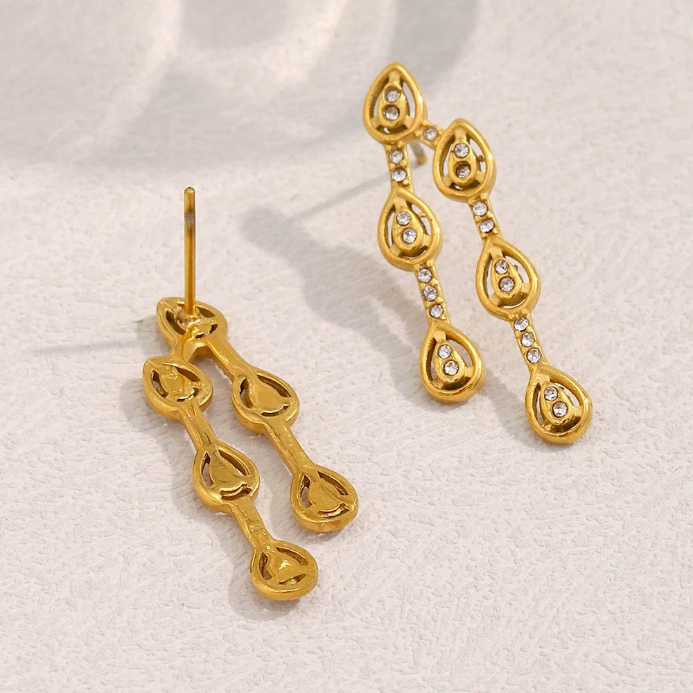 Wholesale Women's Stylish Minimalist Personality Stainless Steel Electroplated 18K Gold Drop Shape Zircon Earrings - Image 4