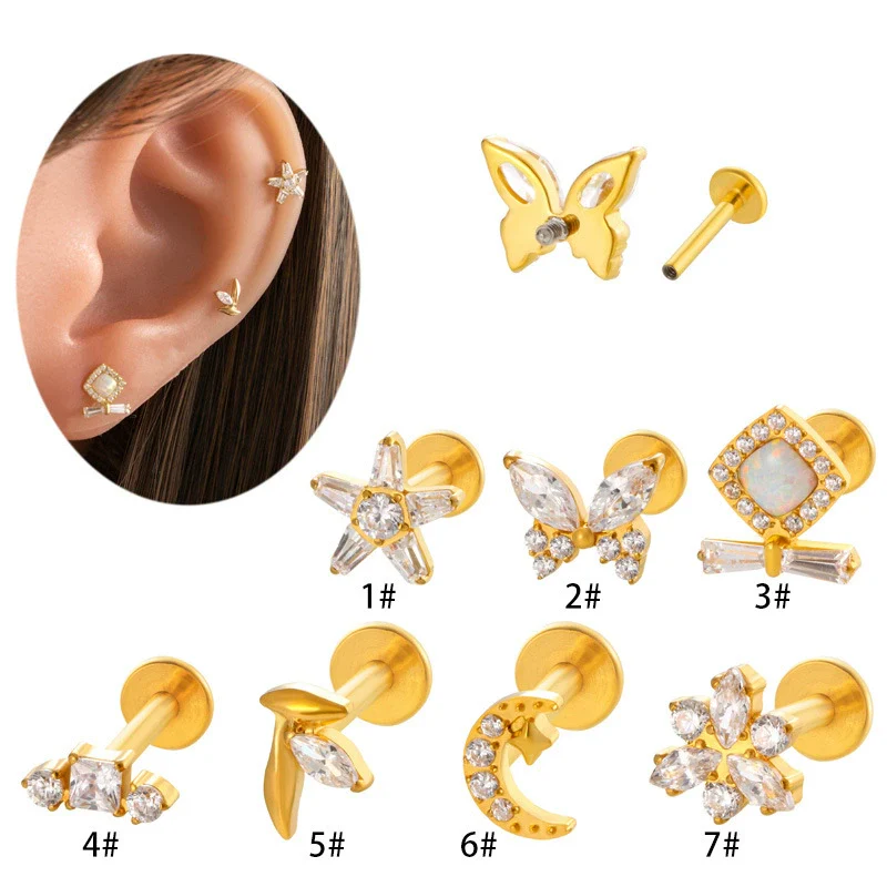 Wholesale Women's Titanium Alloy Ear Nail And Lip Nail Rod With Butterfly Star Moon And Flower Pattern Electroplating