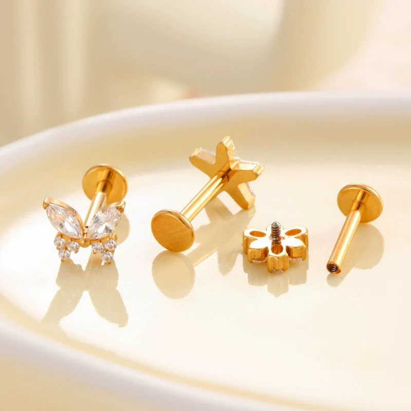 Wholesale Women's Titanium Alloy Ear Nail And Lip Nail Rod With Butterfly Star Moon And Flower Pattern Electroplating - Image 4